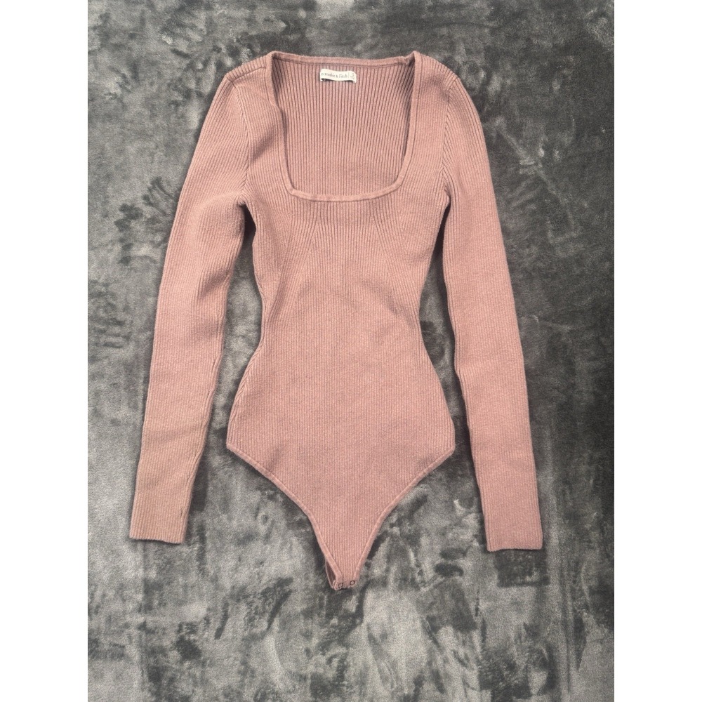 Abercrombie & Fitch Women's S Brown Ribbed Square Neck Long Sleeve Bodysuit